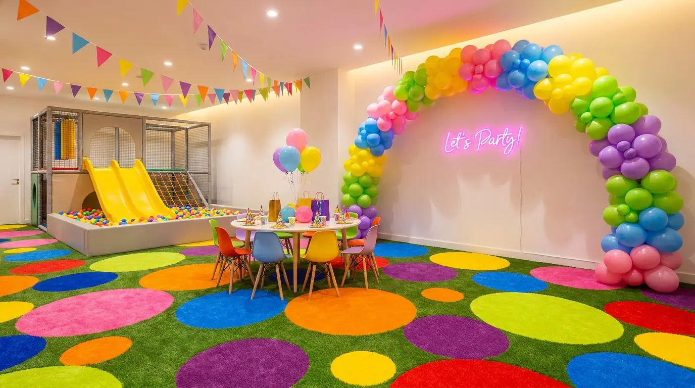 Salón de eventos infantiles decorado con pasto sintético morado y colorido PlayZone Grass para fiestas temáticas