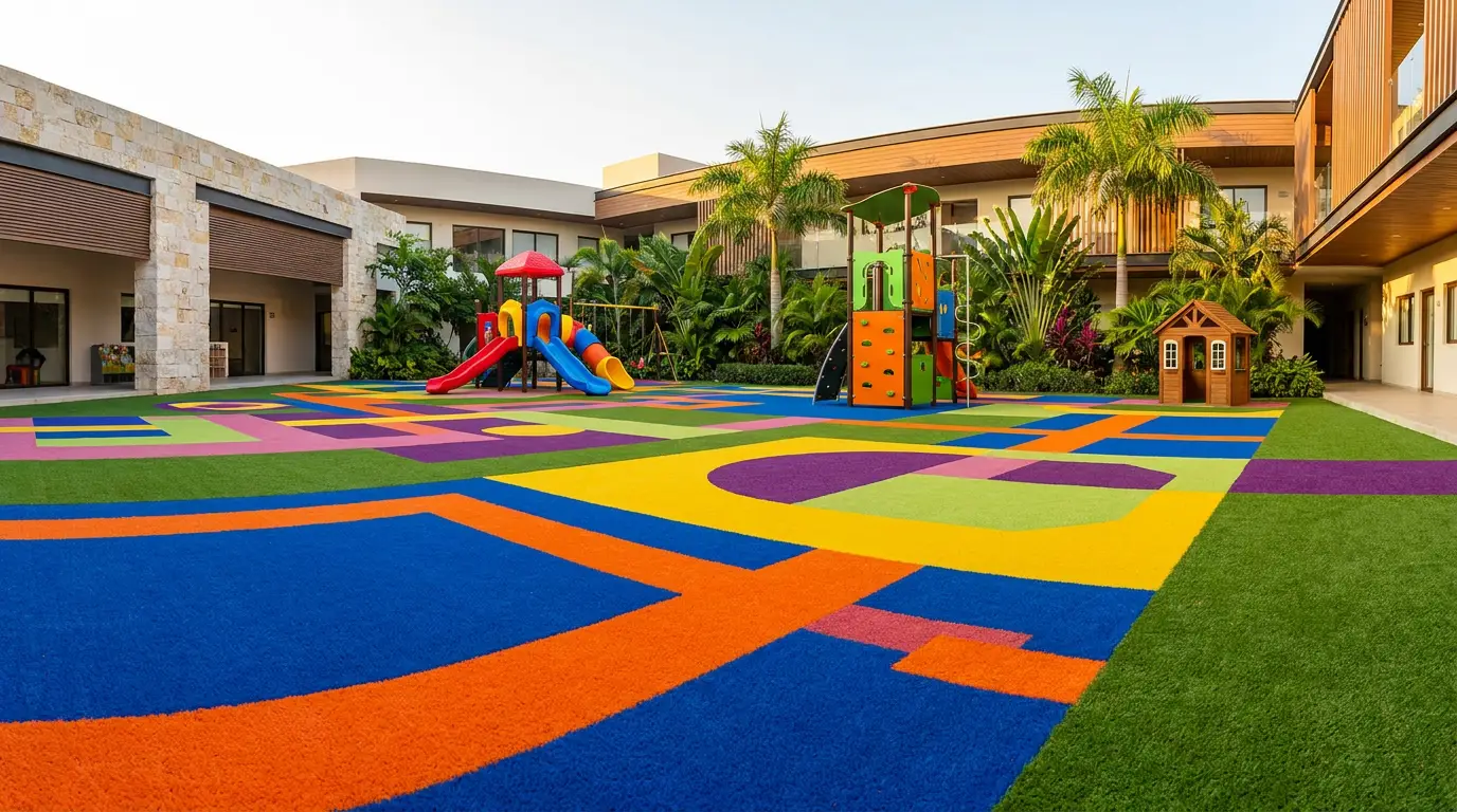 Playground de kínder y colegio con pasto sintético verde y multicolor PlayZone Grass — superficie segura amortiguada para niños