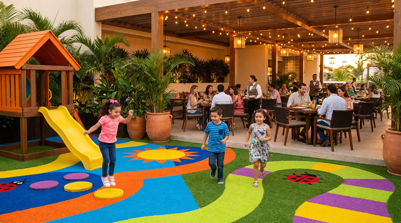 Restaurante con kids zone de pasto sintético colorido PlayZone Grass — niños jugando mientras los papás disfrutan en mesa